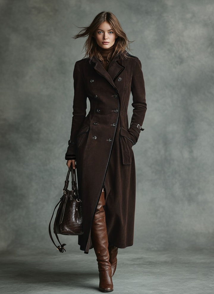 Manteau long croisé à revers et bordure en daim