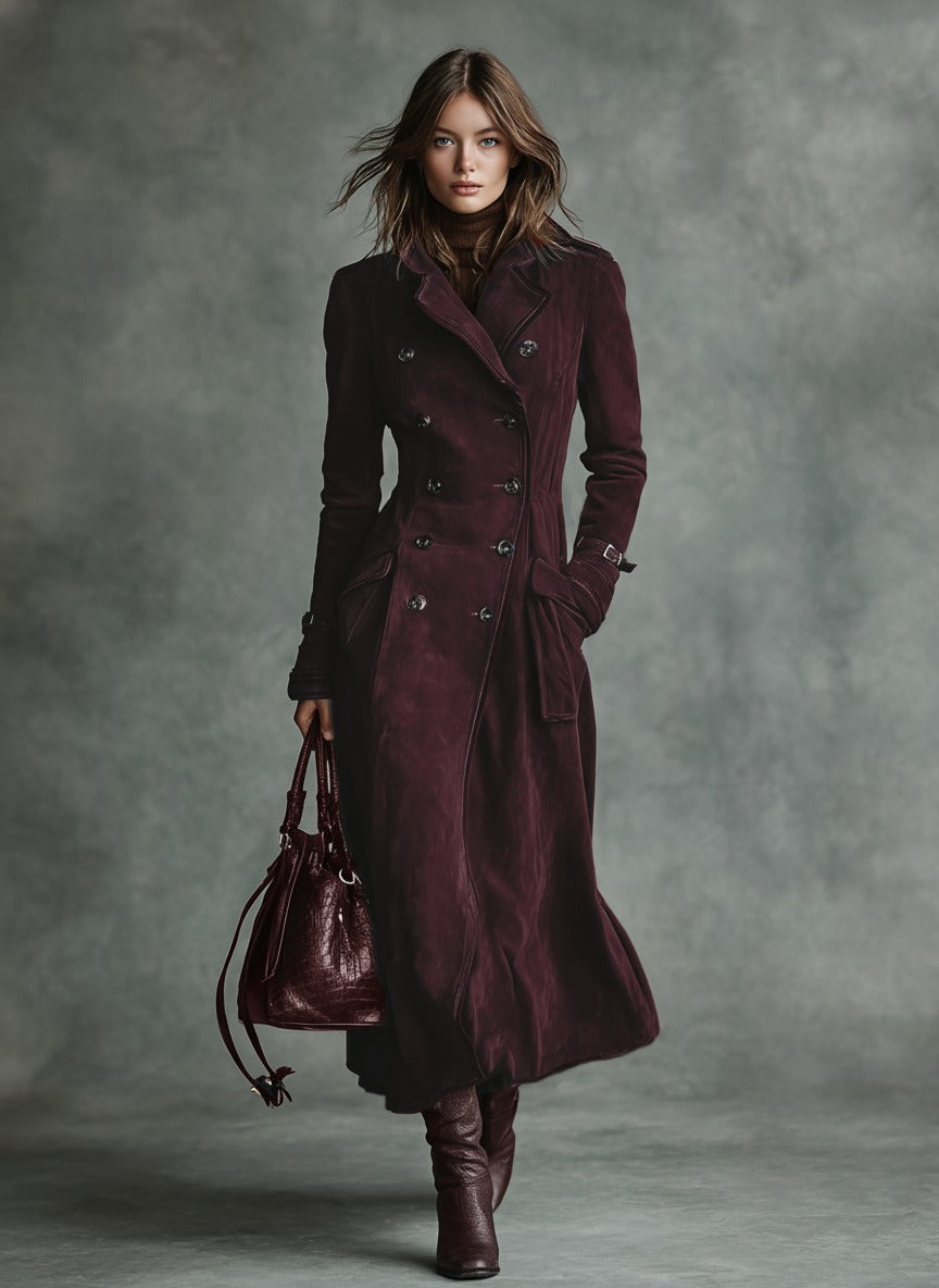 Manteau long croisé à revers et bordure en daim