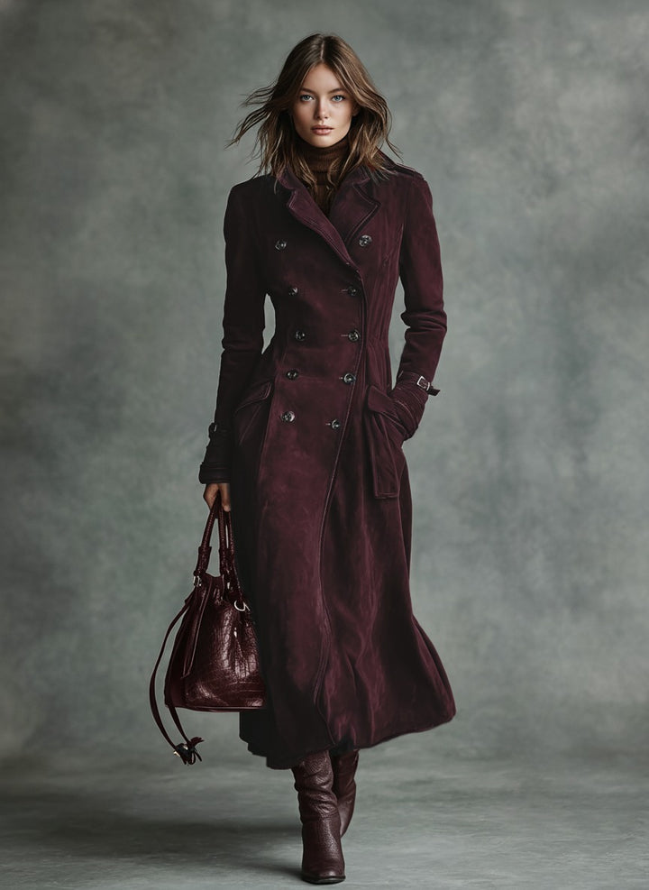 Manteau long croisé à revers et bordure en daim