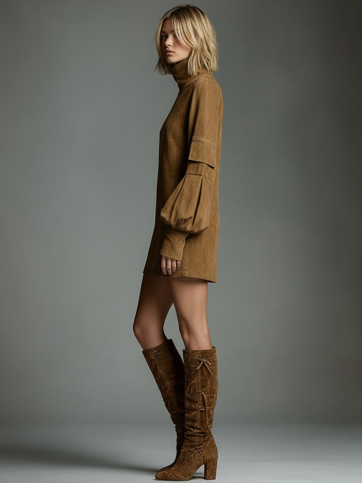 Robe courte vintage en daim à col roulé