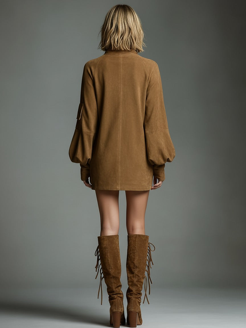 Robe courte vintage en daim à col roulé