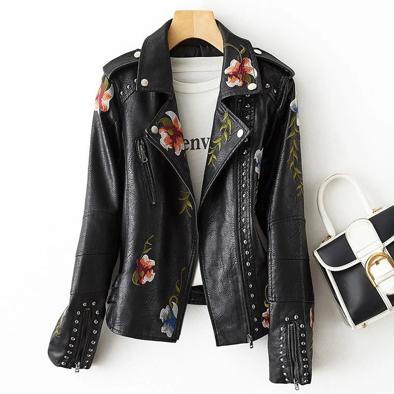 Veste en cuir imprimé floral