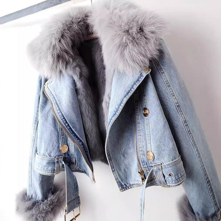 Manteau en jean doublé en fourrure de renard