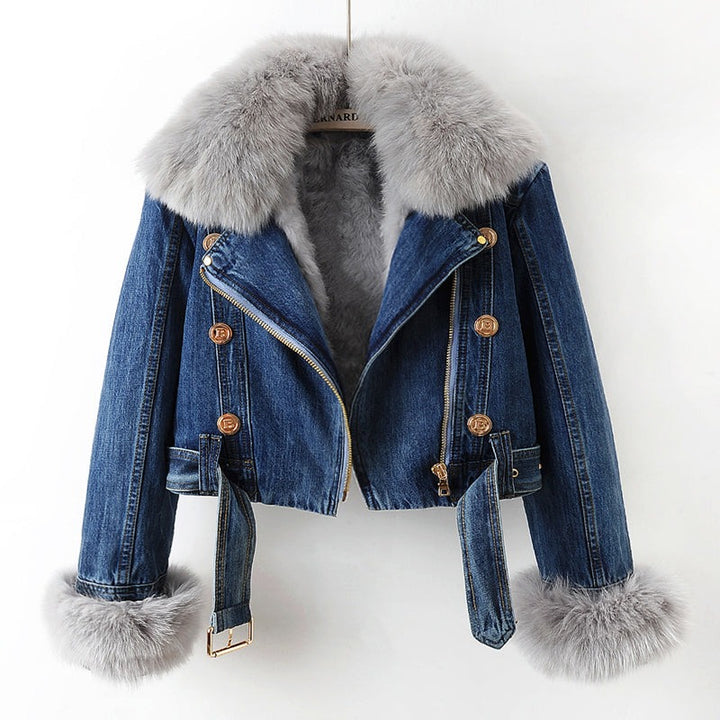 Manteau en jean doublé en fourrure de renard