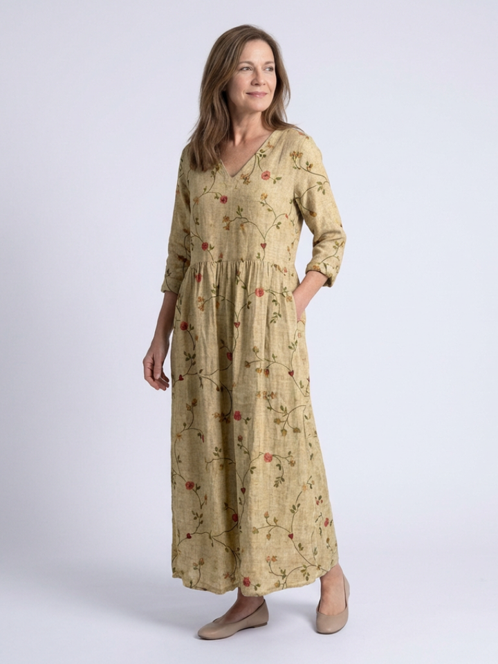 Graziella | Maxi Dress with V Flowers and Three-Quarter Sleeves