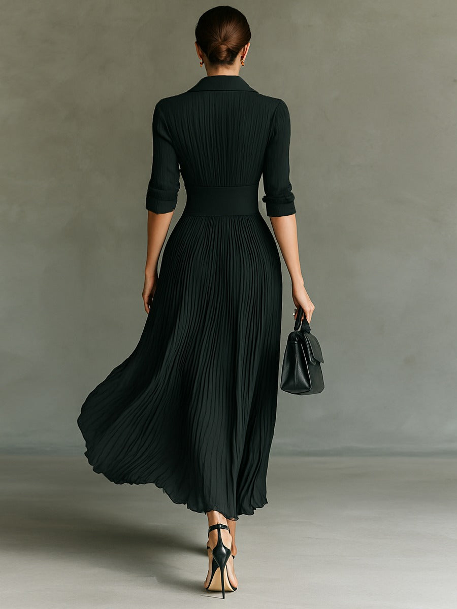 Robe longue plissée à manches longues et taille à revers