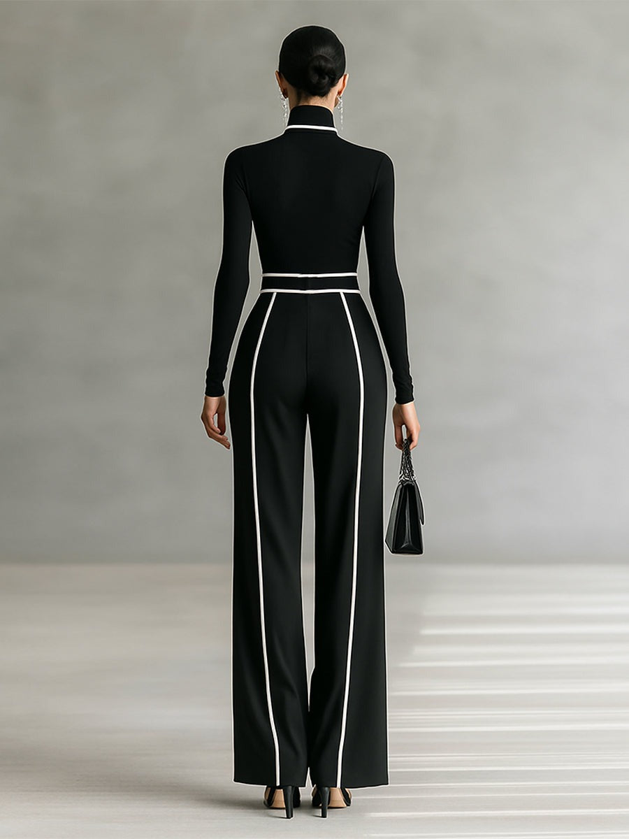 Ensemble haut à col roulé blanc bordé et pantalon large