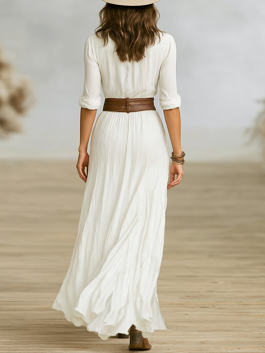 Robe longues ceinturée et revers plissés en coton et lin