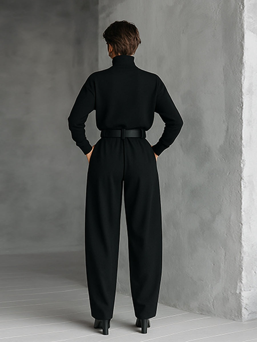 Ensemble haut col roulé noir à manches longues et pantalon droit (ceinture incluse)