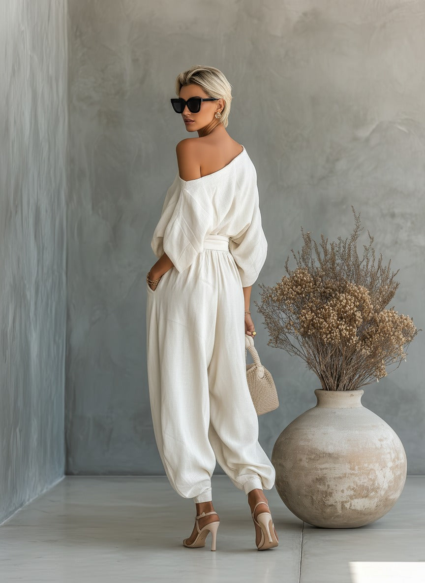 Ensemble femme en lin blanc cassé