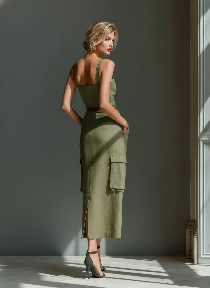Combinaison en lin vert olive avec poches cargo et ceinture à la taille