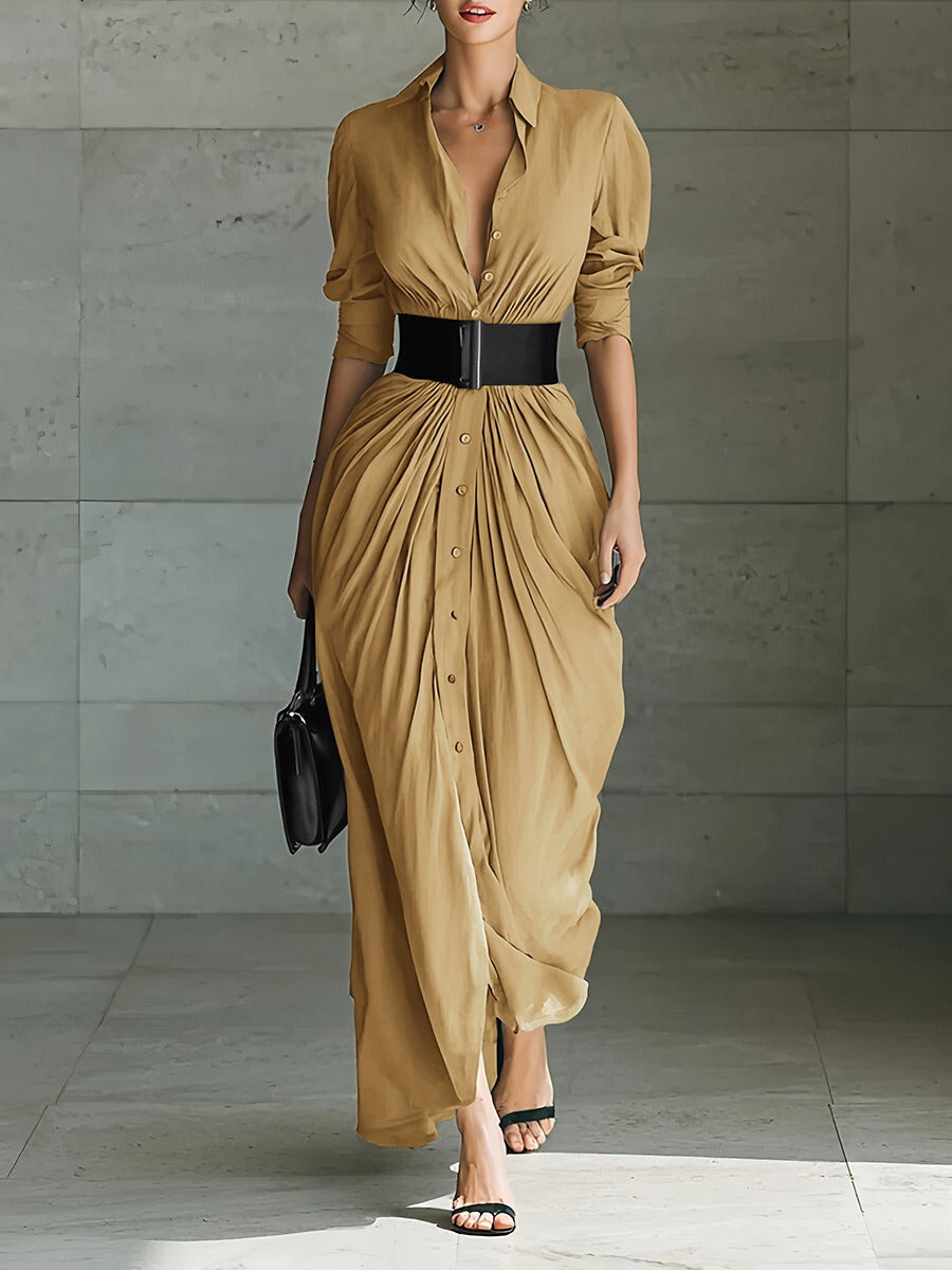 Robe longue à revers simple boutonnage ceinturée
