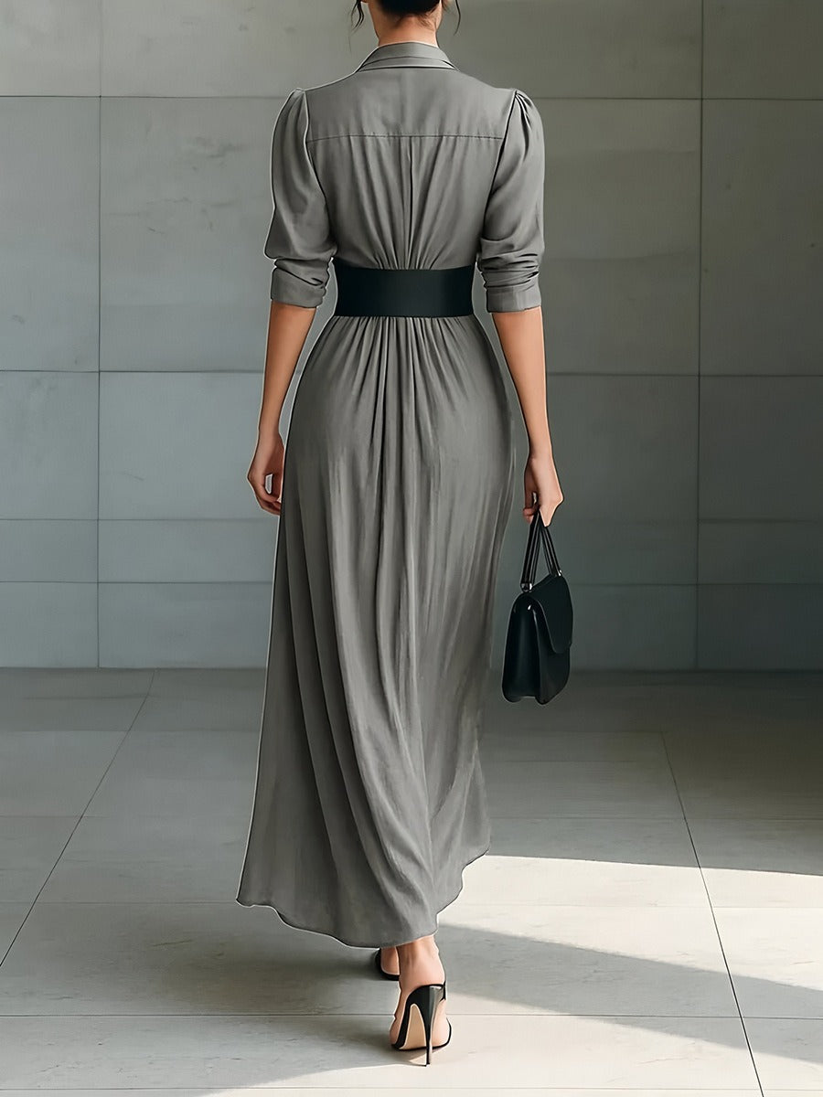 Robe longue à revers simple boutonnage ceinturée