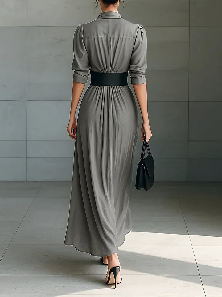 Robe longue à revers simple boutonnage ceinturée