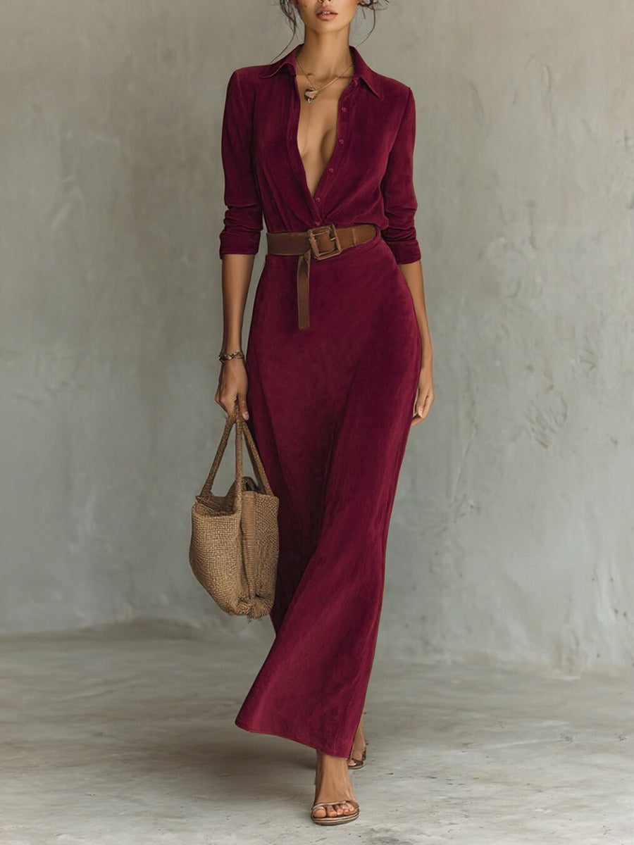 Robe longue en daim à simple boutonnage et ceinture