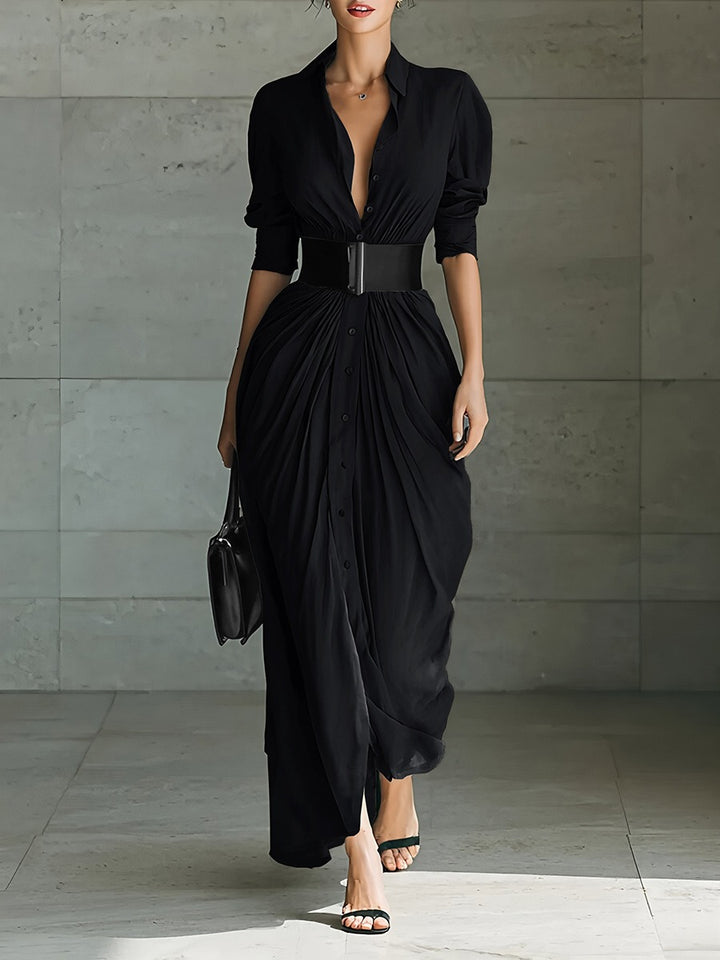 Robe longue à revers simple boutonnage ceinturée