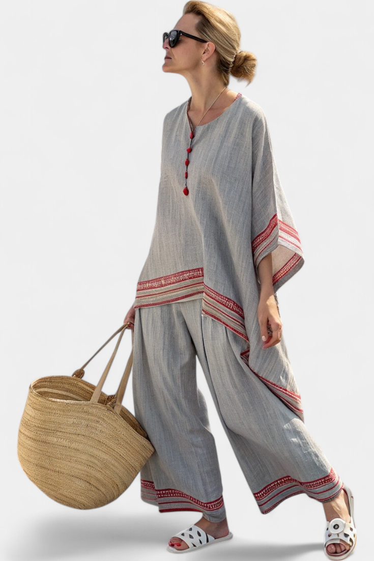 Blouse asymétrique sophistiquée et pantalons ethniques à jambe large