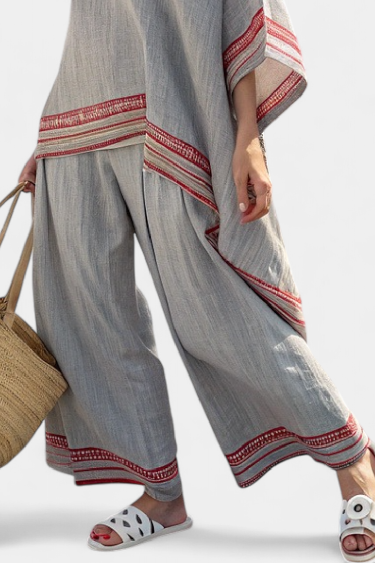 Blouse asymétrique sophistiquée et pantalons ethniques à jambe large