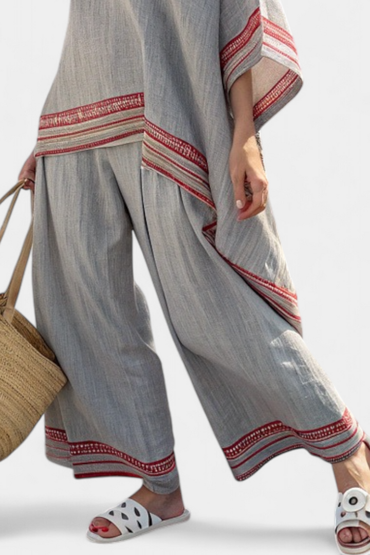 Blouse asymétrique sophistiquée et pantalons ethniques à jambe large