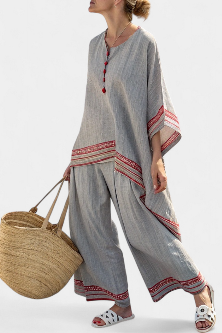 Blouse asymétrique sophistiquée et pantalons ethniques à jambe large