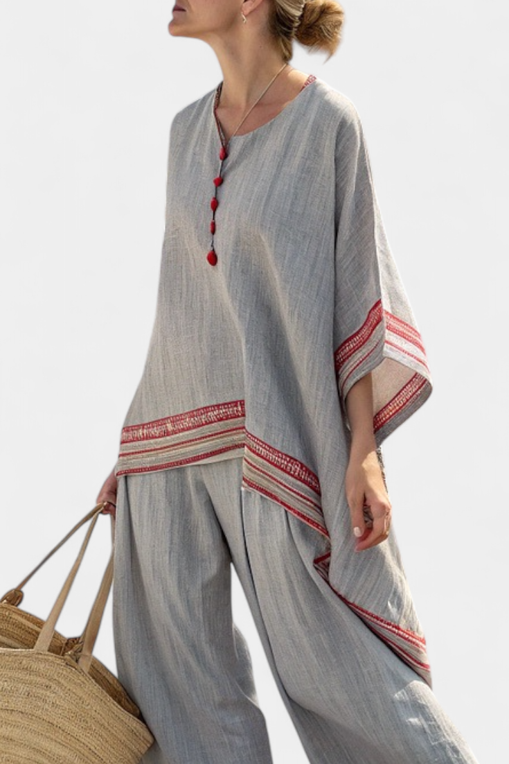 Blouse asymétrique sophistiquée et pantalons ethniques à jambe large