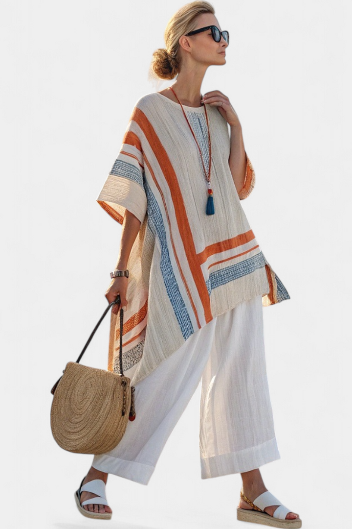 Blouse asymétrique sophistiquée et pantalon en lin à jambes larges