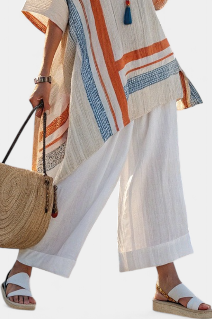 Blouse asymétrique sophistiquée et pantalon en lin à jambes larges
