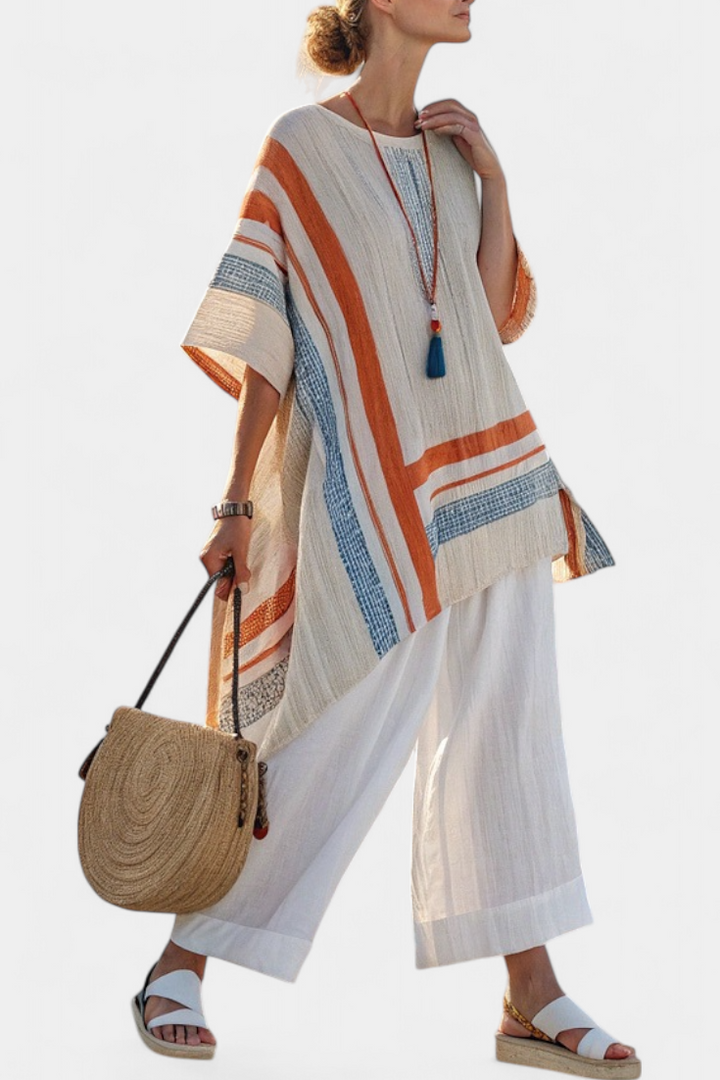 Blouse asymétrique sophistiquée et pantalon en lin à jambes larges