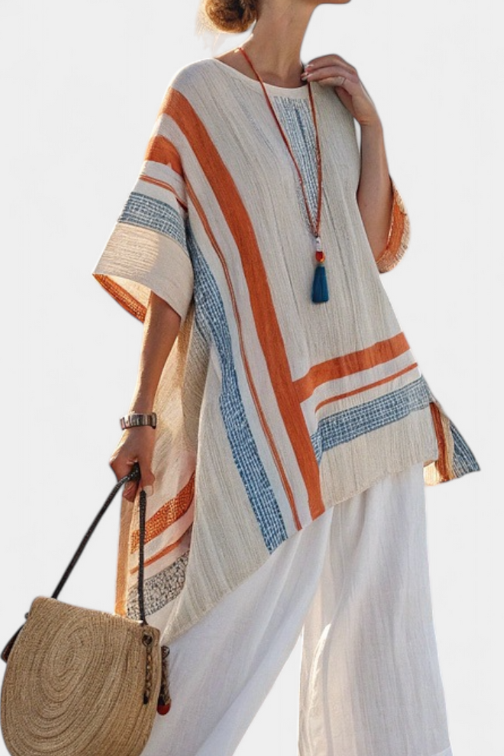 Blouse asymétrique sophistiquée et pantalon en lin à jambes larges