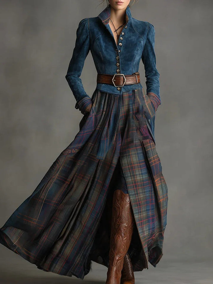 Robe longue à carreaux en faux daim style rétro (ceinture incluse)