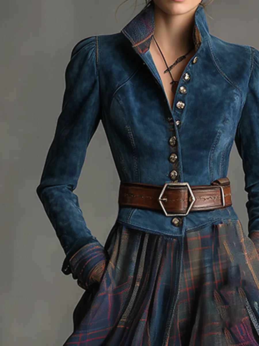Robe longue à carreaux en faux daim style rétro (ceinture incluse)