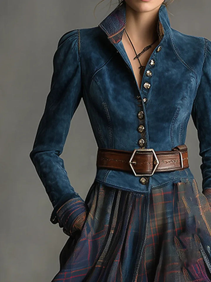 Robe longue à carreaux en faux daim style rétro (ceinture incluse)