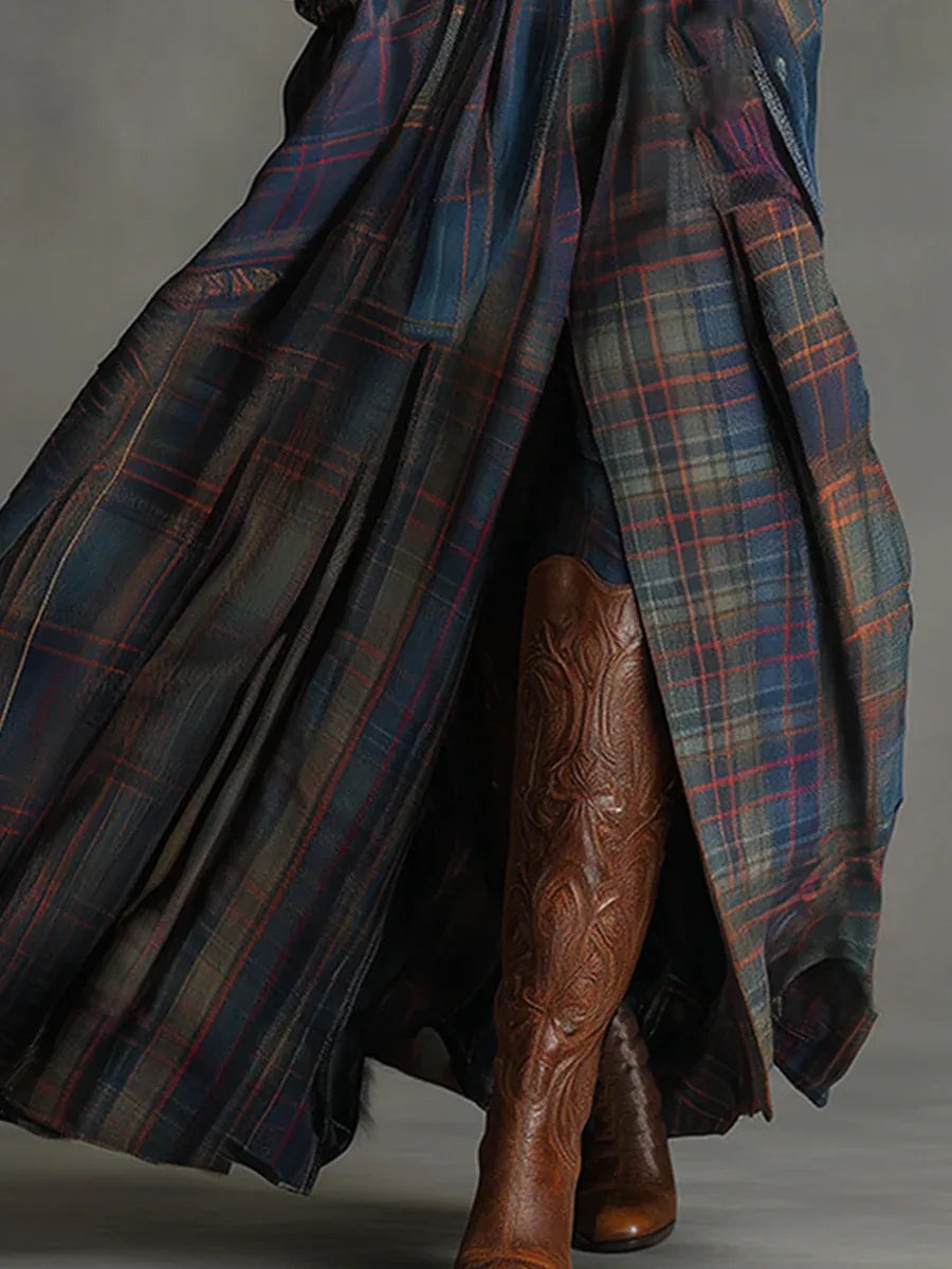Robe longue à carreaux en faux daim style rétro (ceinture incluse)