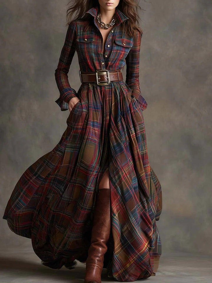 Robe rétro à revers en tartan brun rougeâtre