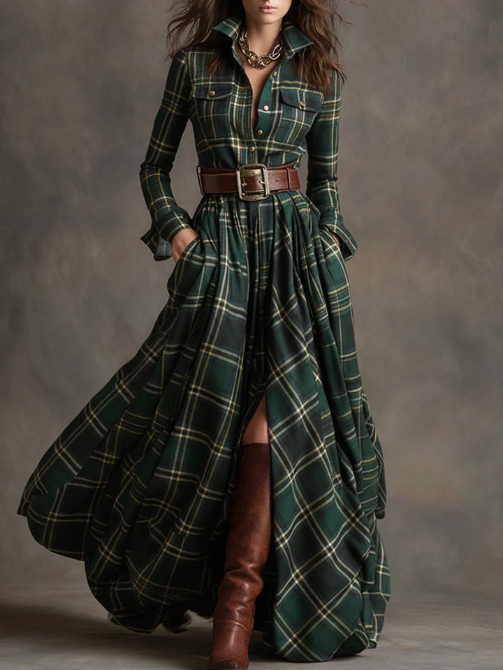 Robe rétro à revers en tartan brun rougeâtre