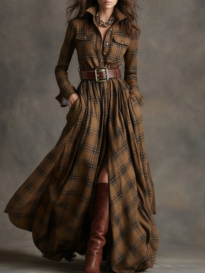 Robe rétro à revers en tartan brun rougeâtre