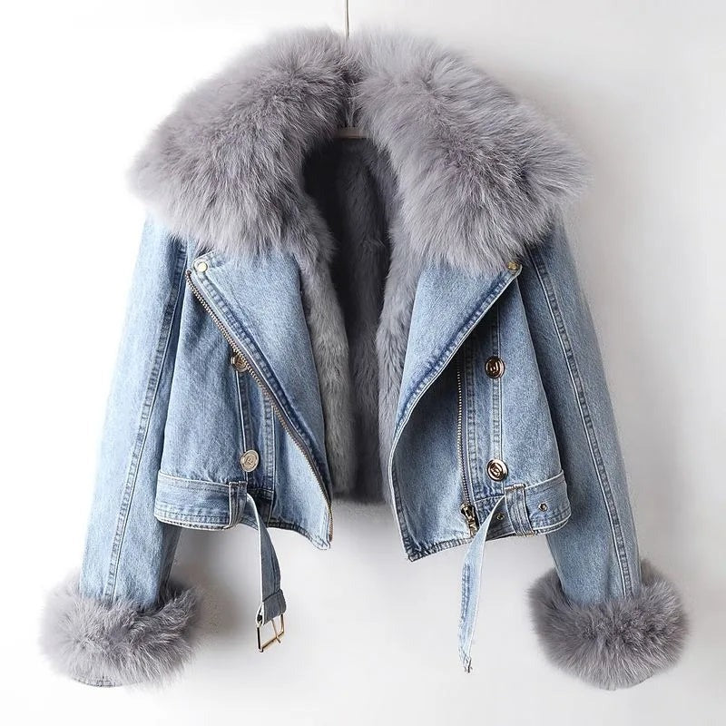 Manteau en jean doublé en fourrure de renard