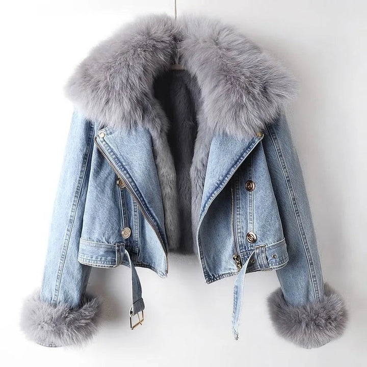Manteau en jean doublé en fourrure de renard