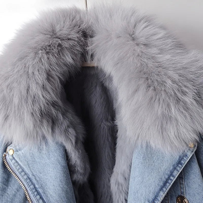 Manteau en jean doublé en fourrure de renard