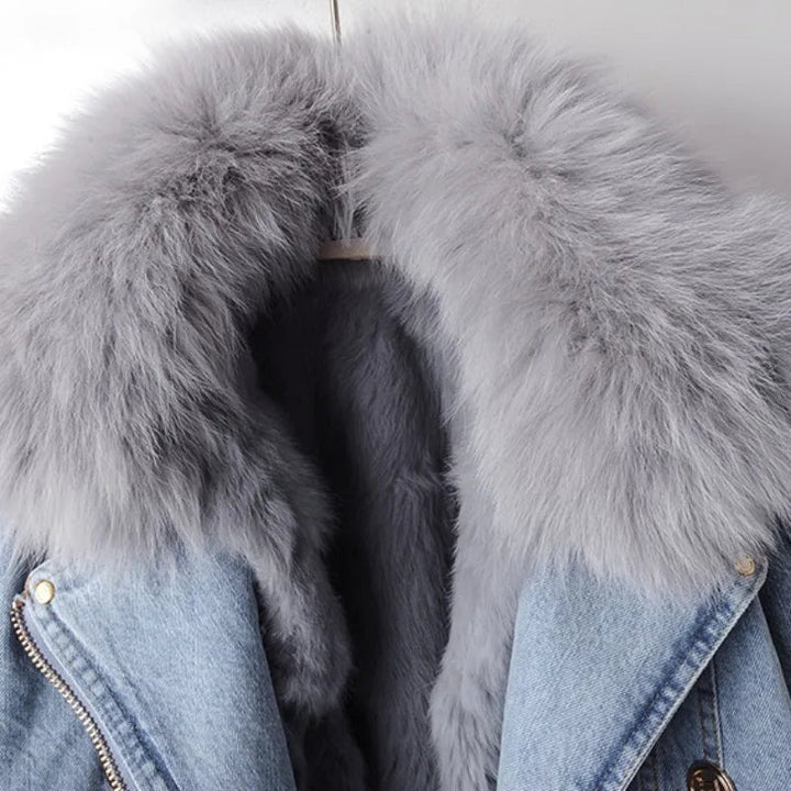 Manteau en jean doublé en fourrure de renard