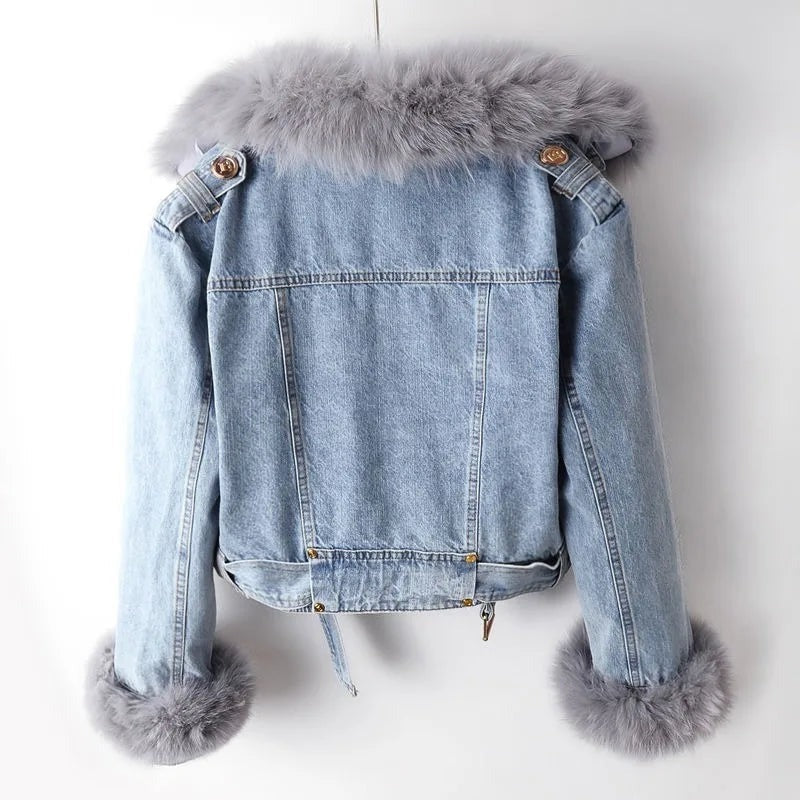 Manteau en jean doublé en fourrure de renard