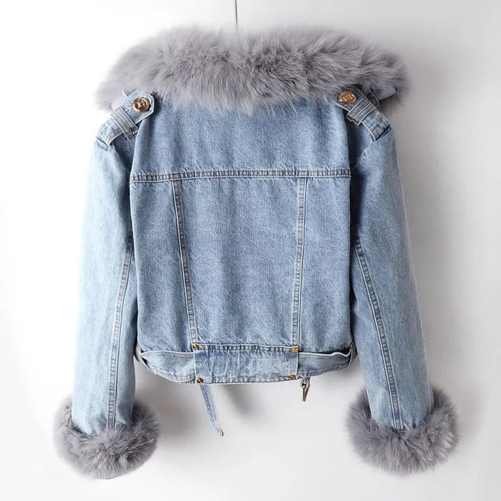 Manteau en jean doublé en fourrure de renard
