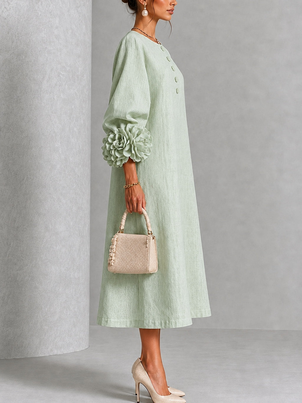 Theodosia | Vestido Midi con Mangas de Volante en Roseta