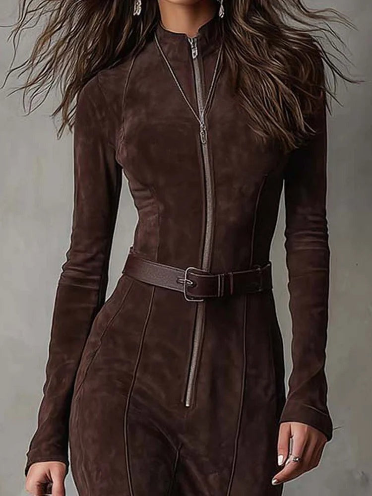 Robe longue vintage avec ceinture et fermeture éclair