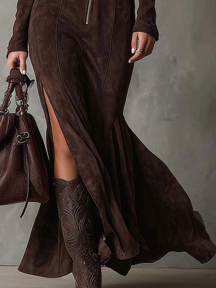 Robe longue vintage avec ceinture et fermeture éclair