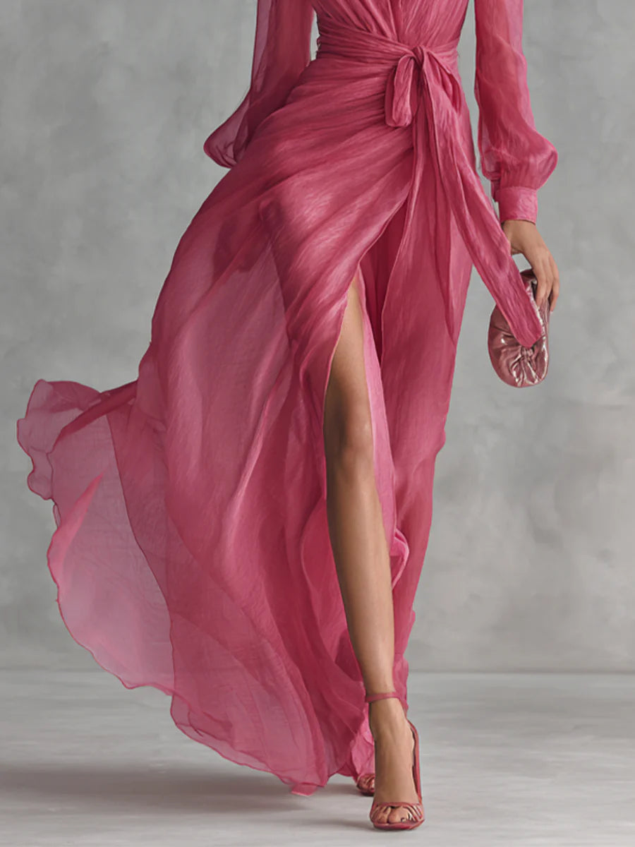 Mirella | Elegant Long Chiffon Dress with V-Neck and Tied Waist