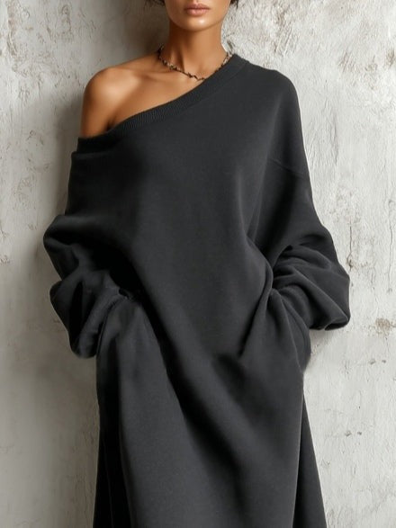 Robe longue sweat-shirt noire à épaules dénudées