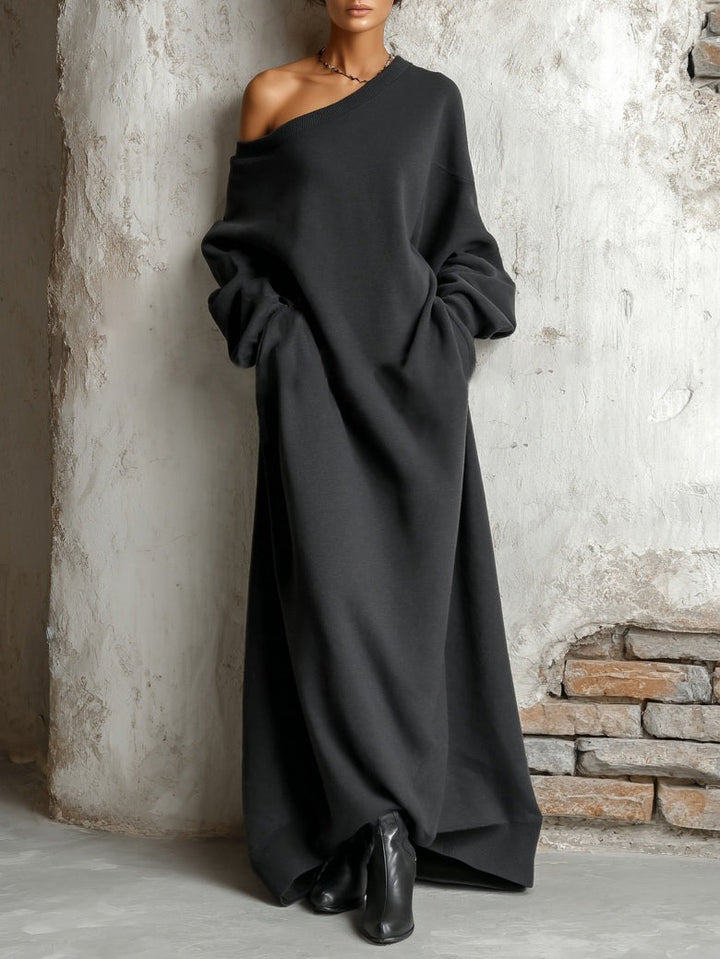 Robe longue sweat-shirt noire à épaules dénudées