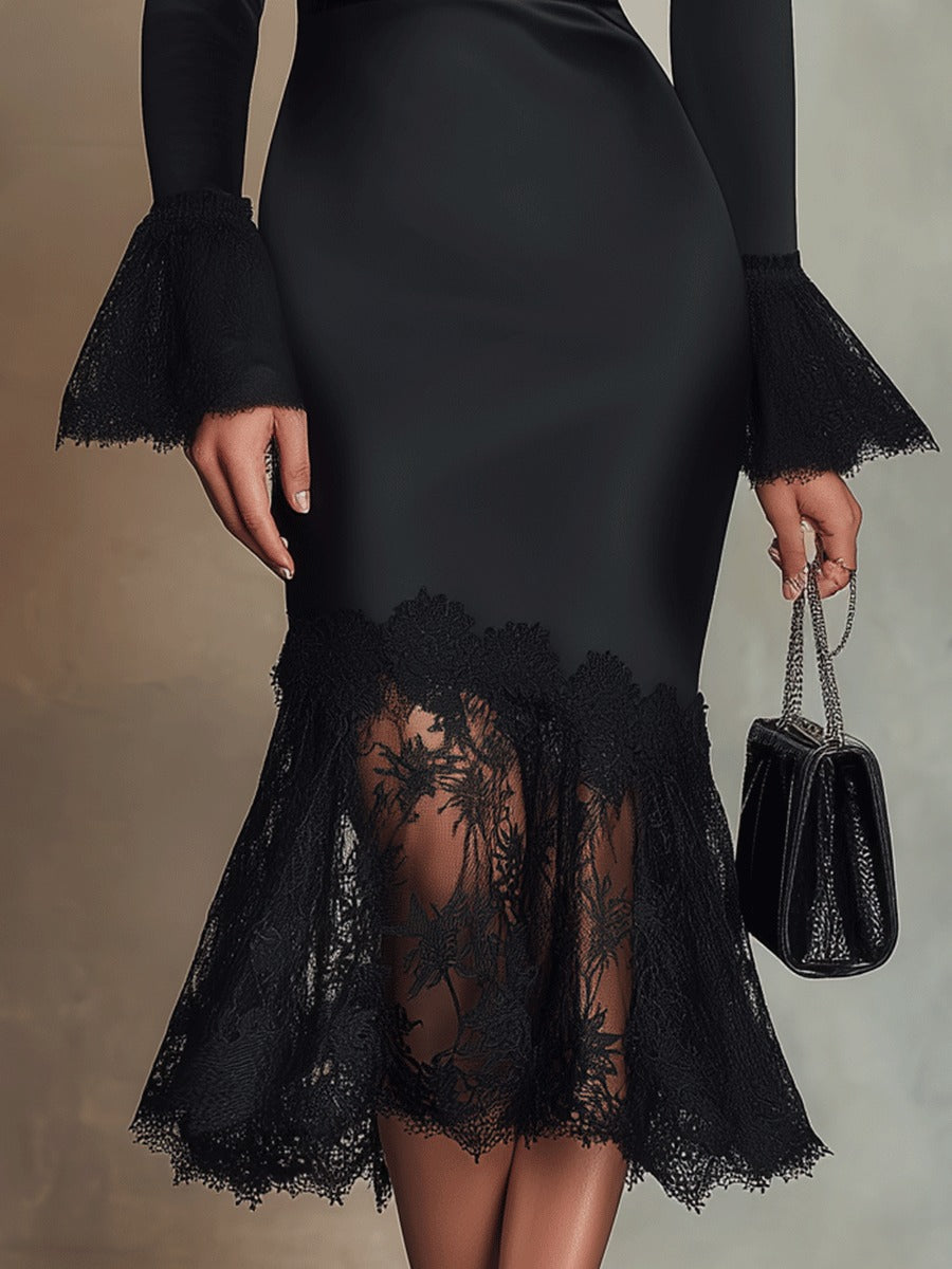 Robe midi élégante à empiècements en dentelle