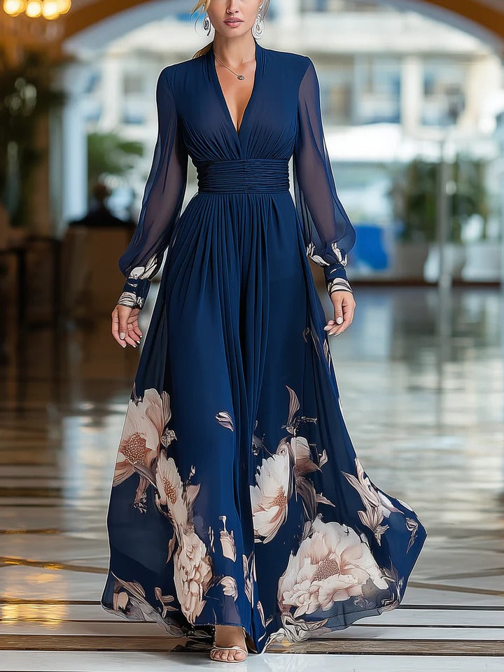 Robe longue à col V et imprimé floral